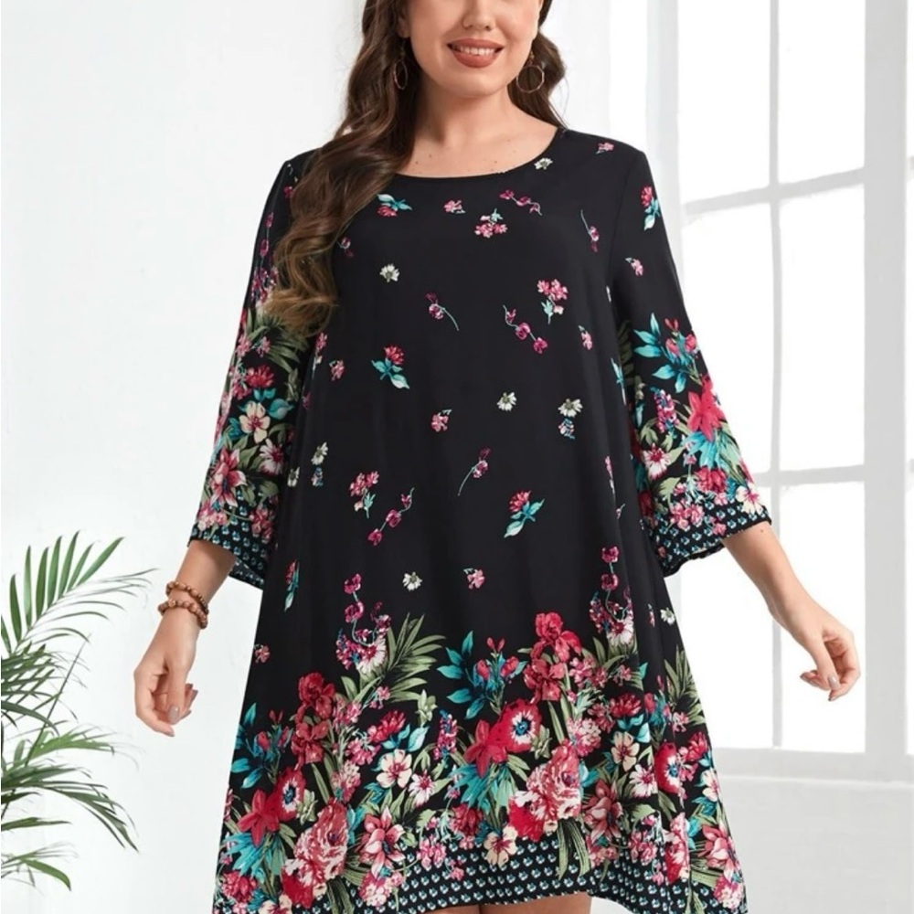 Women’s Floral Black Dress with Pink and Green Accents - Size XL